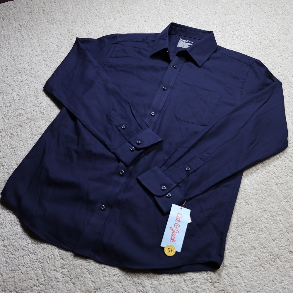 Cat & Jack Boys Navy Blue Long Sleeve Button Down Shirt XL 14 16893808-Q2/25